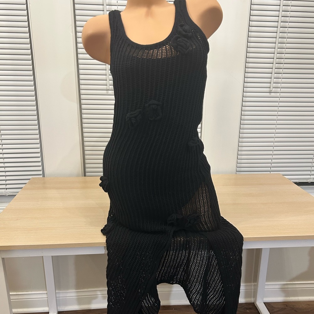 Elegant Floral Black Knit Dress